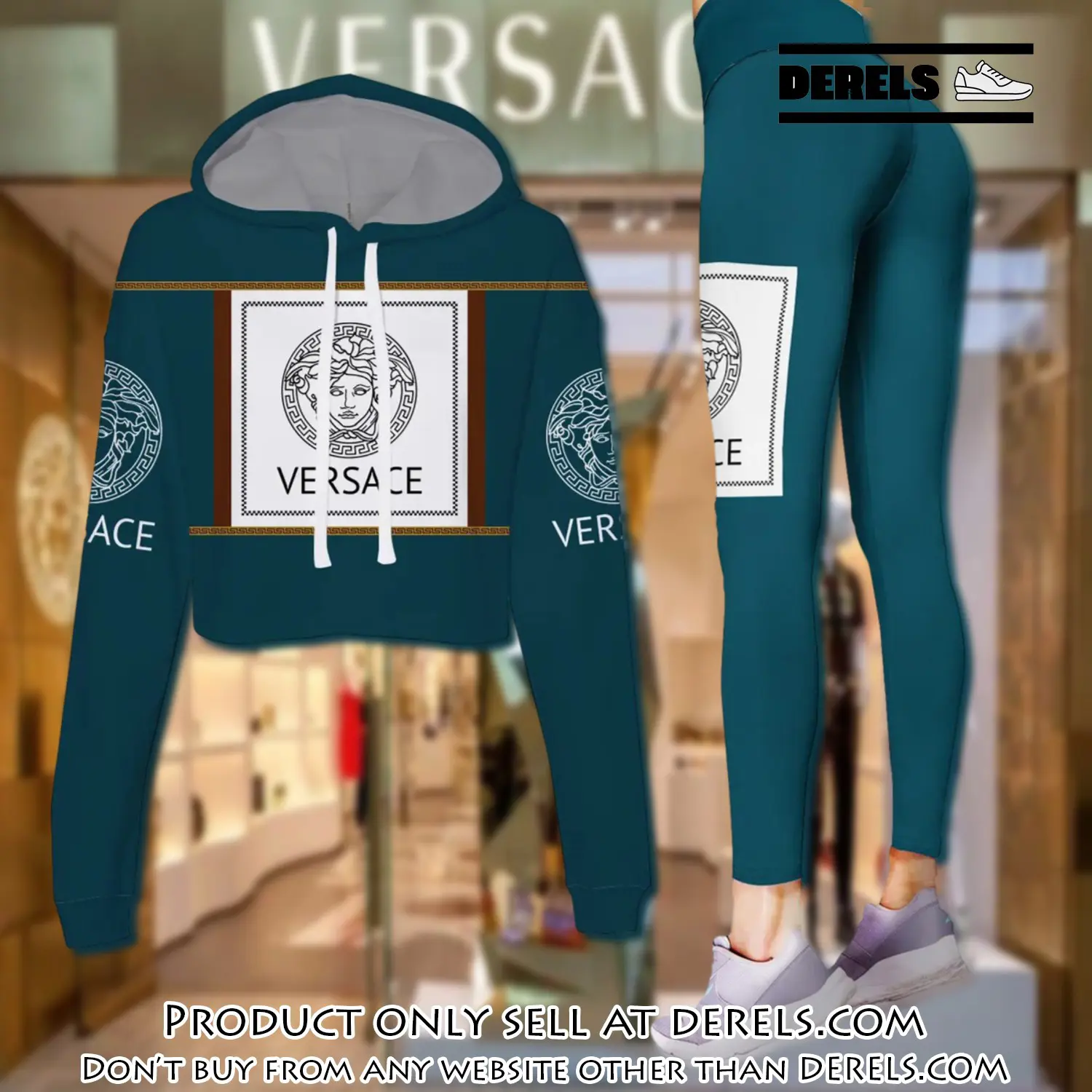 Versace teal color luxury brand clothes leggings and crop top set for women dr2029122